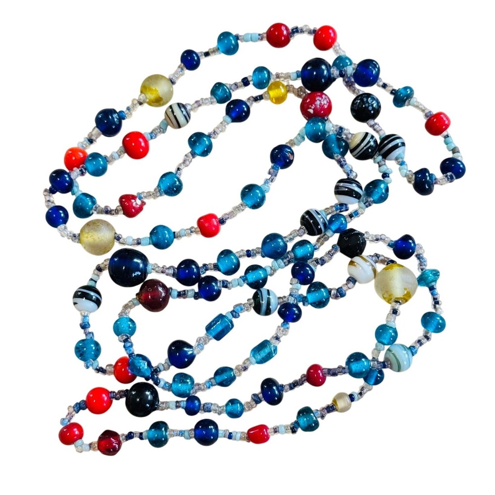VTG BOHO Necklace Colorful poured Retro Glass beaded Retro 70s Statement 45"